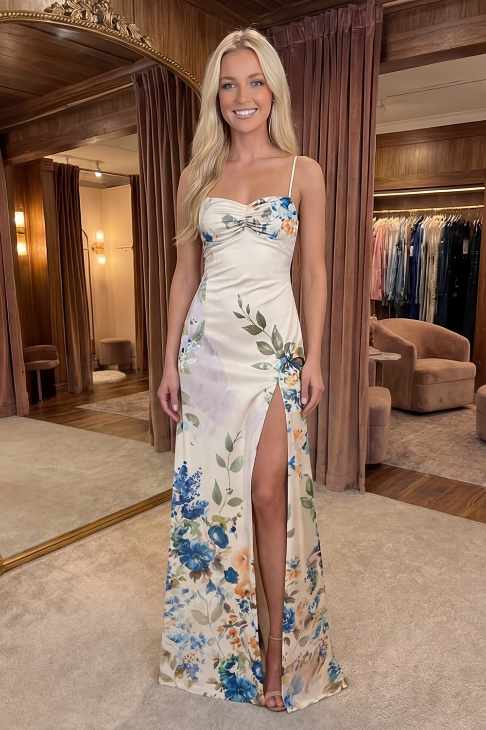 Floral Spaghetti Straps Long Ivory Sheath Prom Dress with Slit