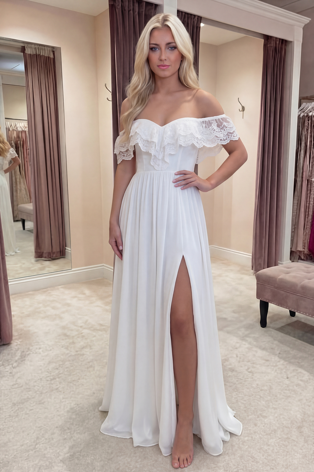 Simple A Line Ivory Off the Shoulder Long Graduation Dress with Lace
