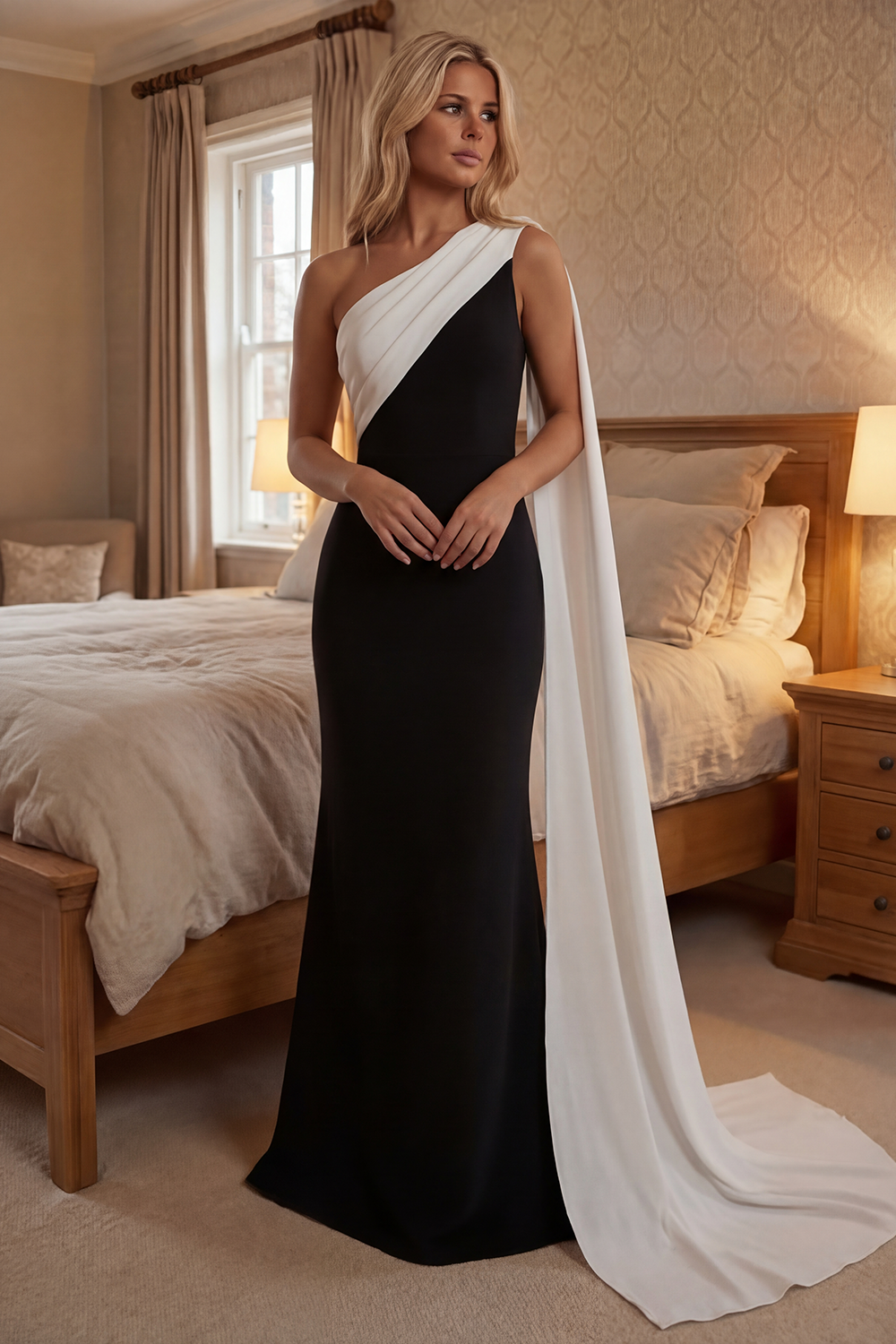 Black White Sheath One Shoulder Long Satin Prom Dress with Side Cape
