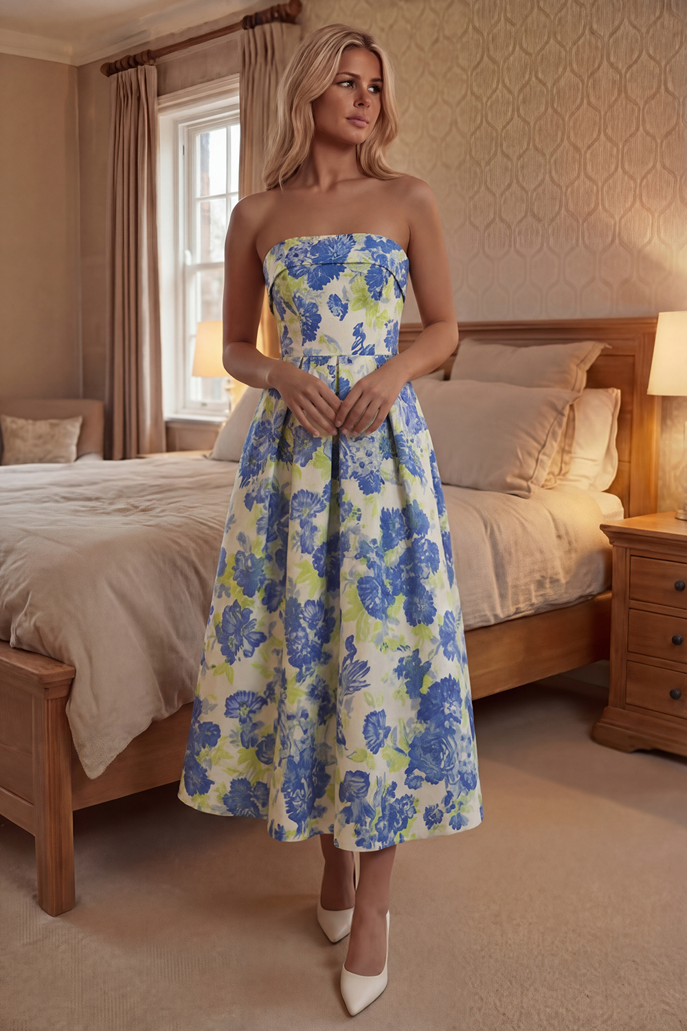 Navy Flower A Line Floral Long Strapless Prom Dress