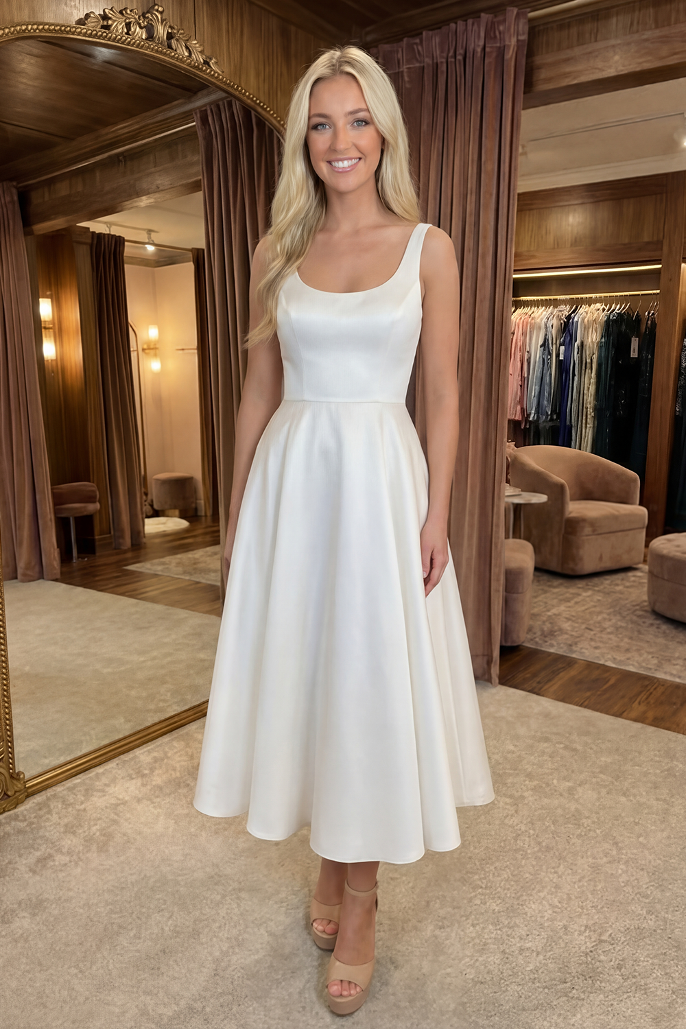 White Satin Scoop Neck Midi A Line Graduation Dress