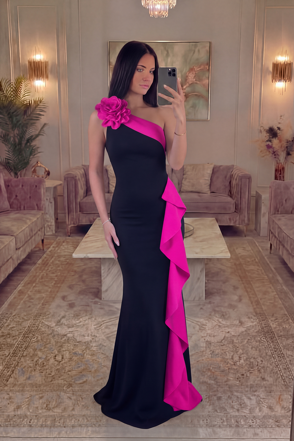 Black White One Shoulder Long Black Tie Dress with 3D Flowers