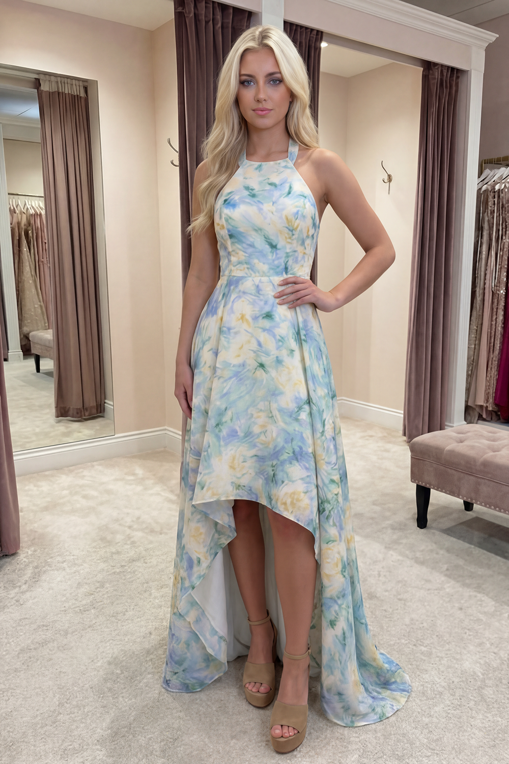 Light Green A Line Floral High-Low Prom Dress