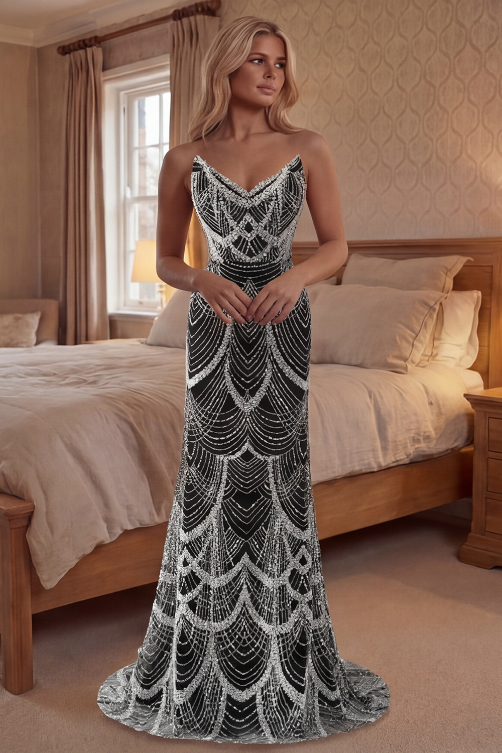 Berlinnova Women Sparkly Mermaid Black Prom Dress with Beading Sweetheart Long Pageant Dress