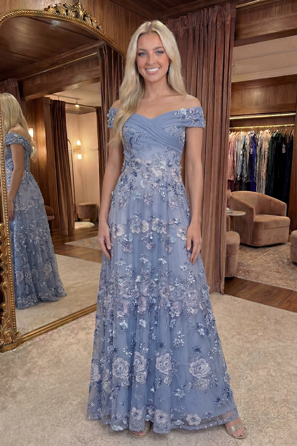 Dusty Blue Floral Off the Shoulder Long A Line Prom Dress