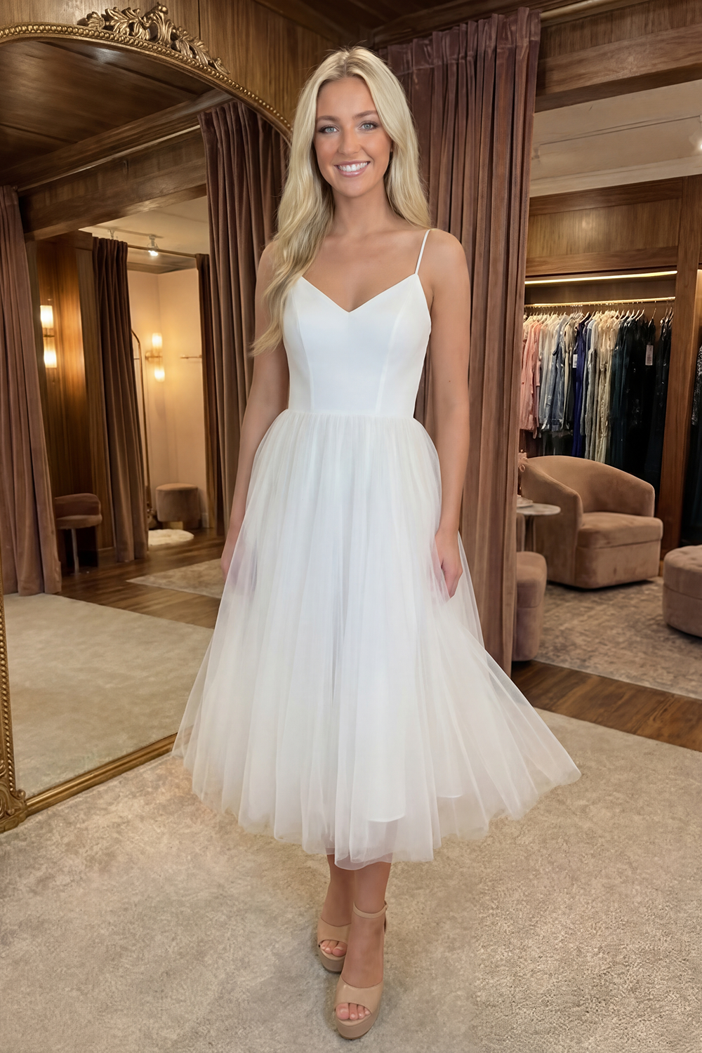 White Tulle Spaghetti Straps Midi A Line Graduation Dress