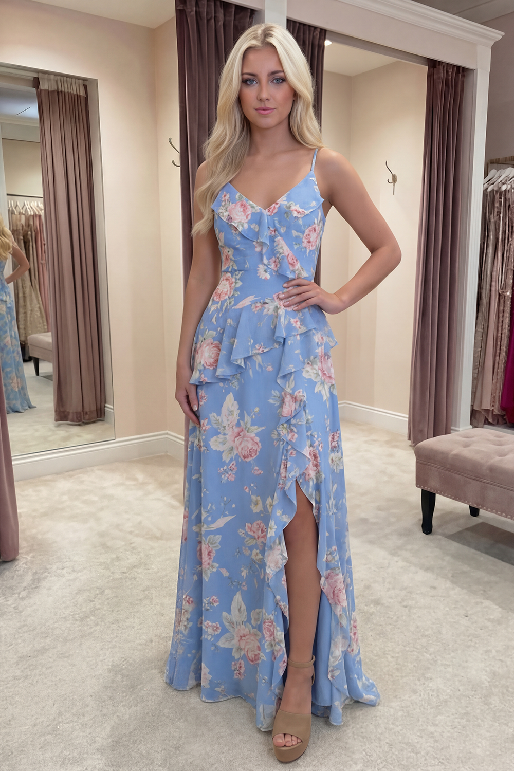 Blue Pink Flower A Line Spaghetti Straps Ruffled Long Prom Dress with Slit