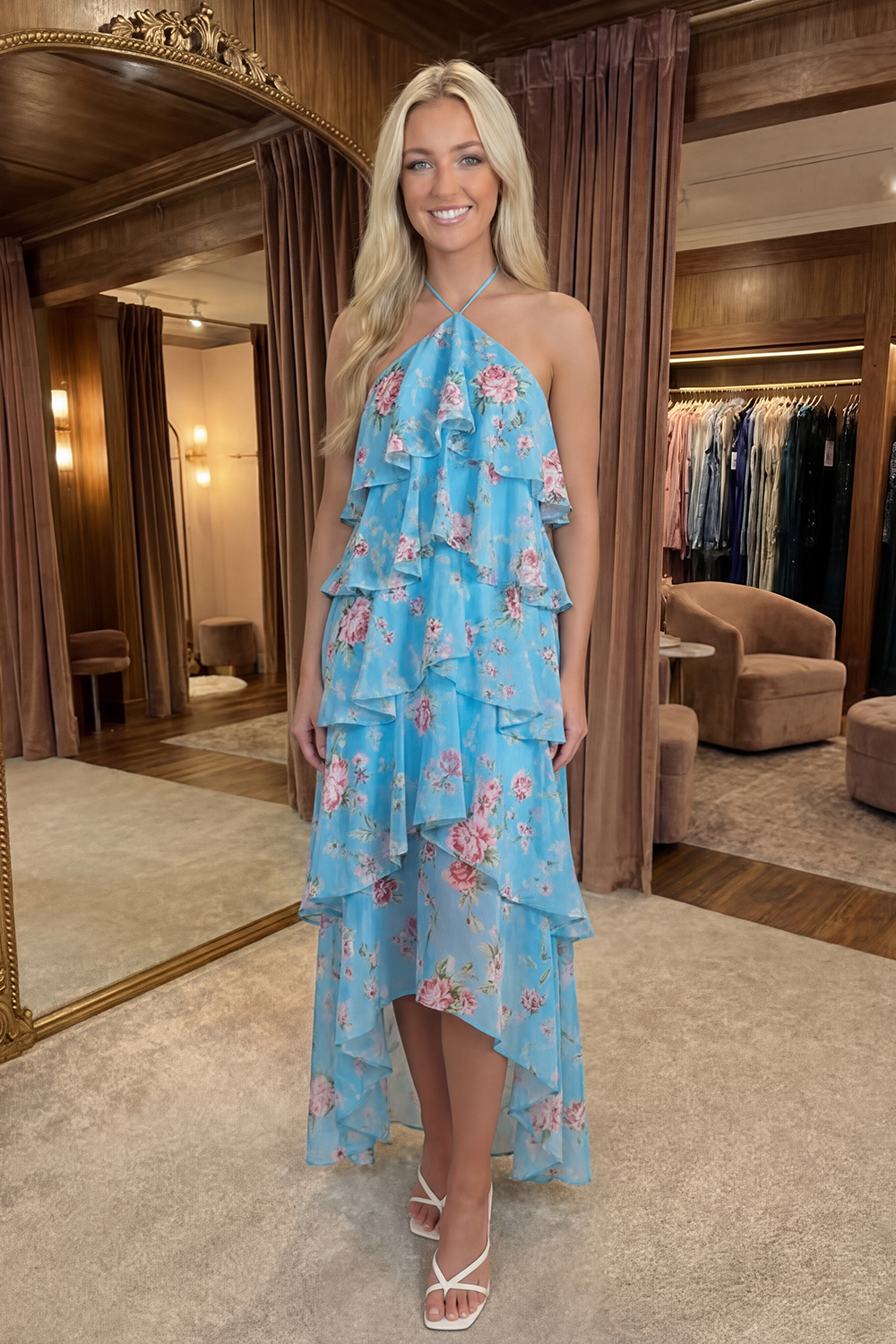 Blue Pink Tiered A Line Flower Halter Long Prom Dress with Ruffles