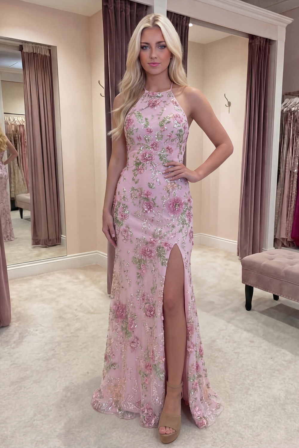 Mermaid Long Sparkly Pink Sequin Floral Prom Dress