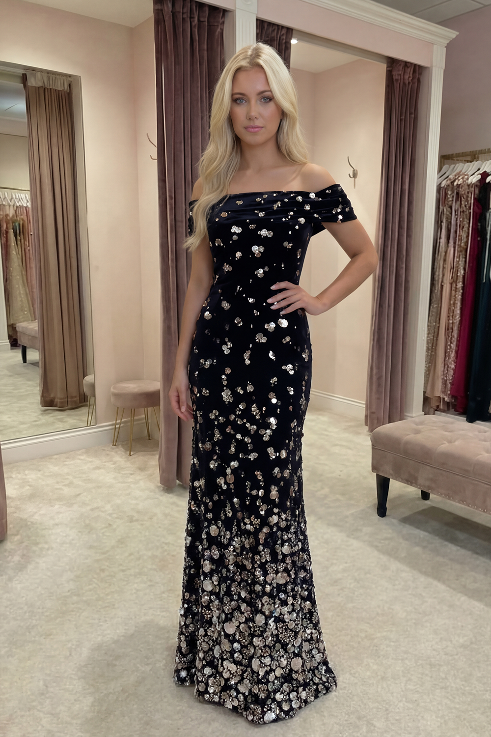 Sparkly Black Silver Velvet Sequin Mermaid Long Prom Dress