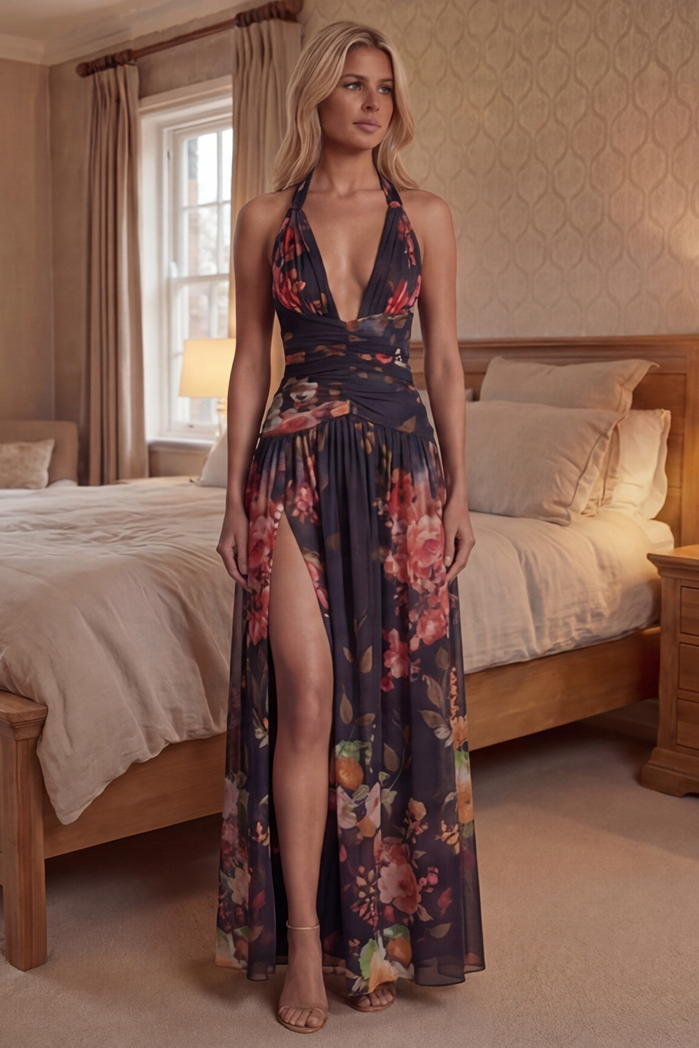 Black A Line Floral Halter Long Prom Dress with Slit