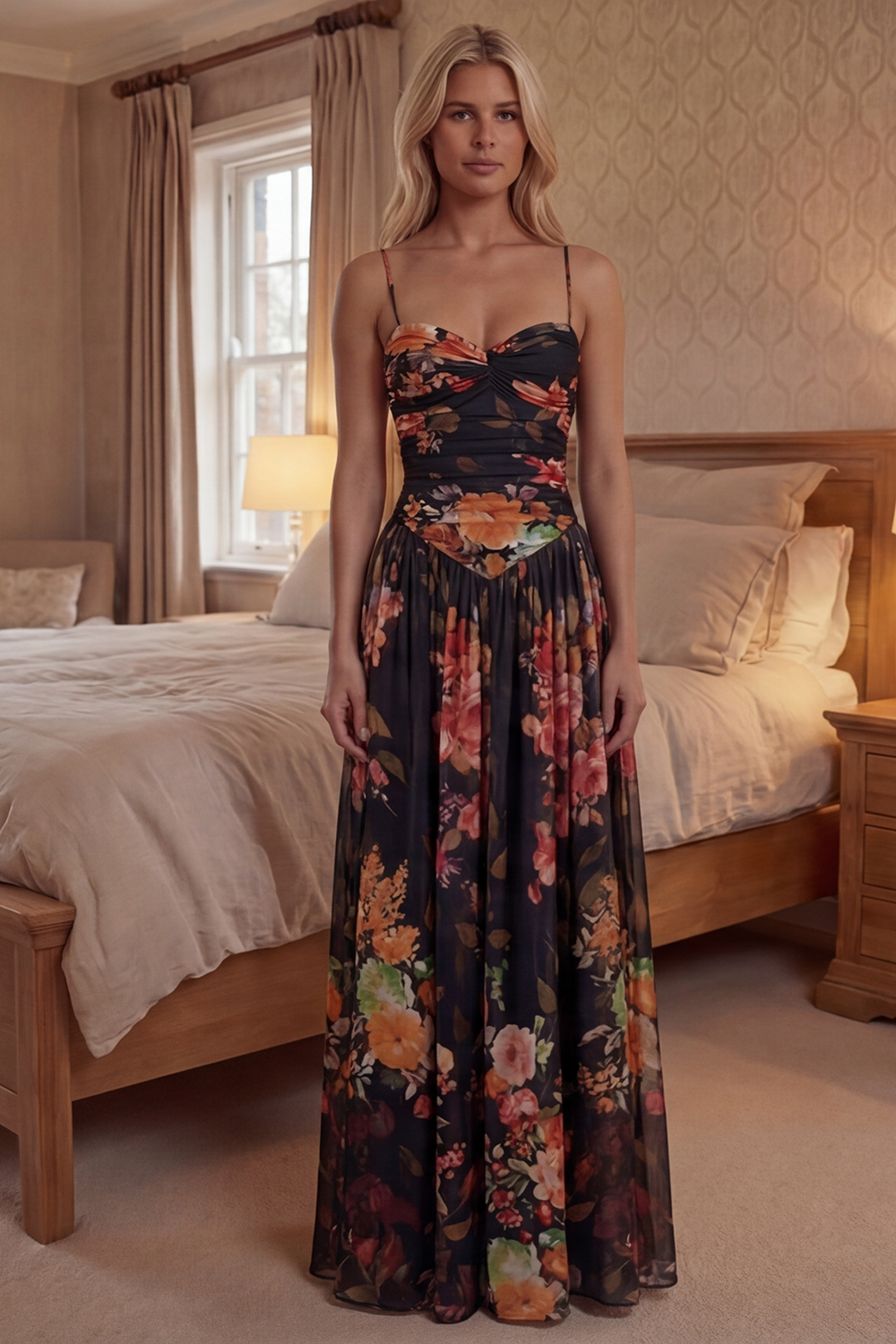 A Line Floral Spaghetti Straps Long Black Prom Dress