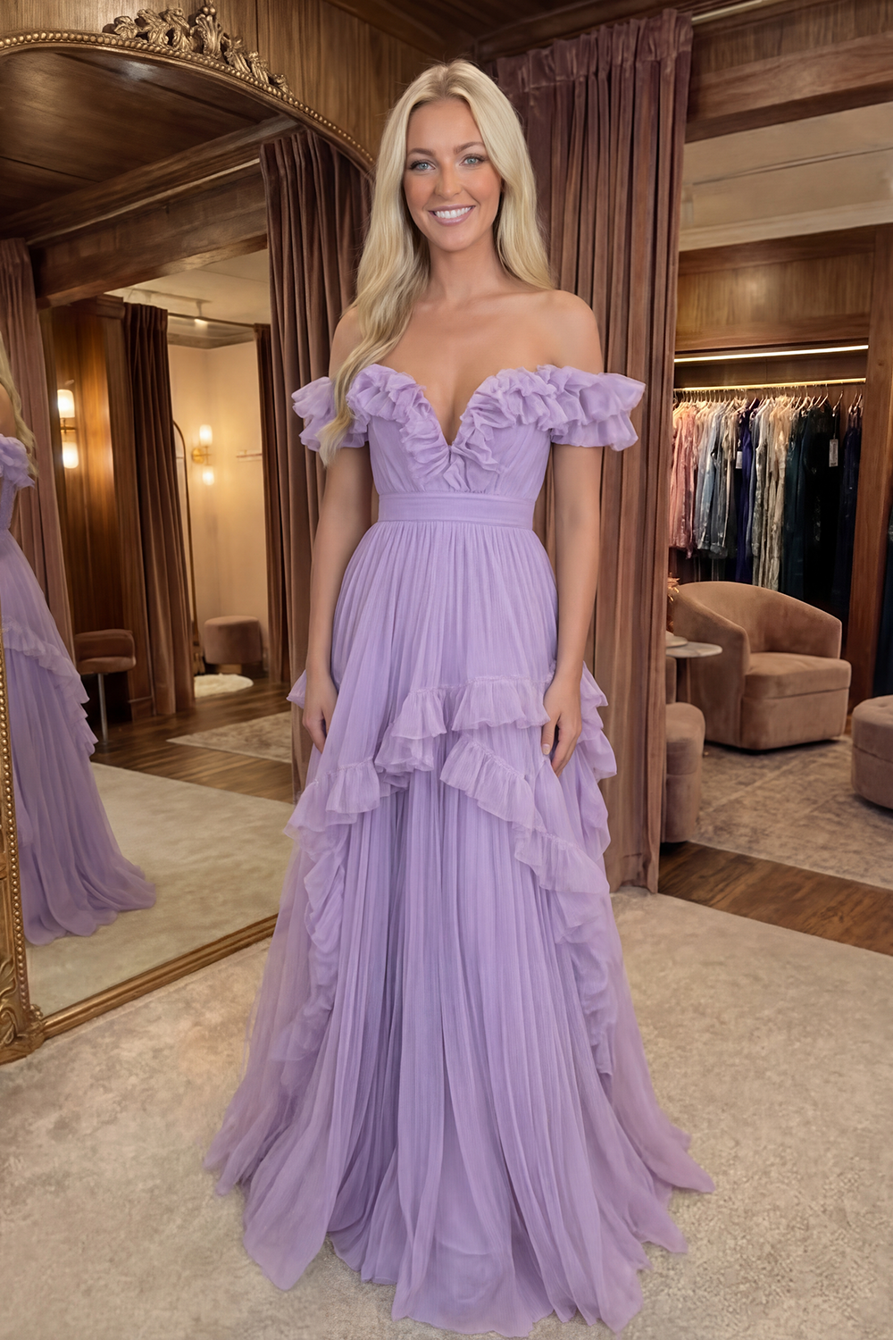 Lilac Chiffon A Line Long Off the Shoulder Prom Dress with Ruffles