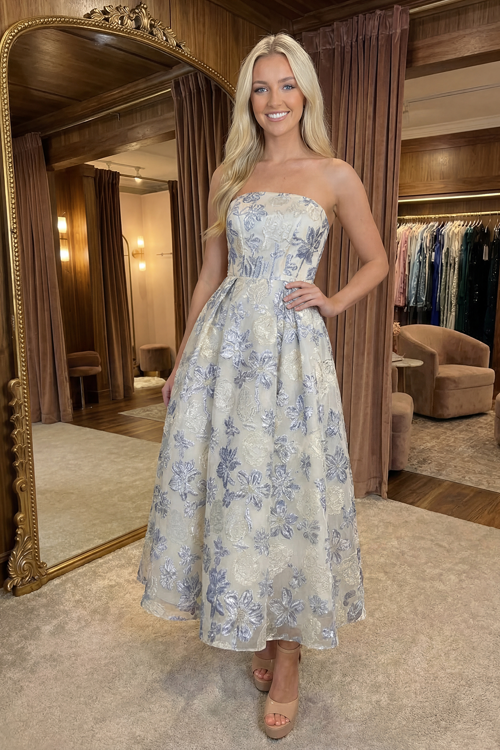 Berlinnova Women Floral Dusty Blue Jacquard Long Corset Prom Dress A Line Strapless Formal Dress