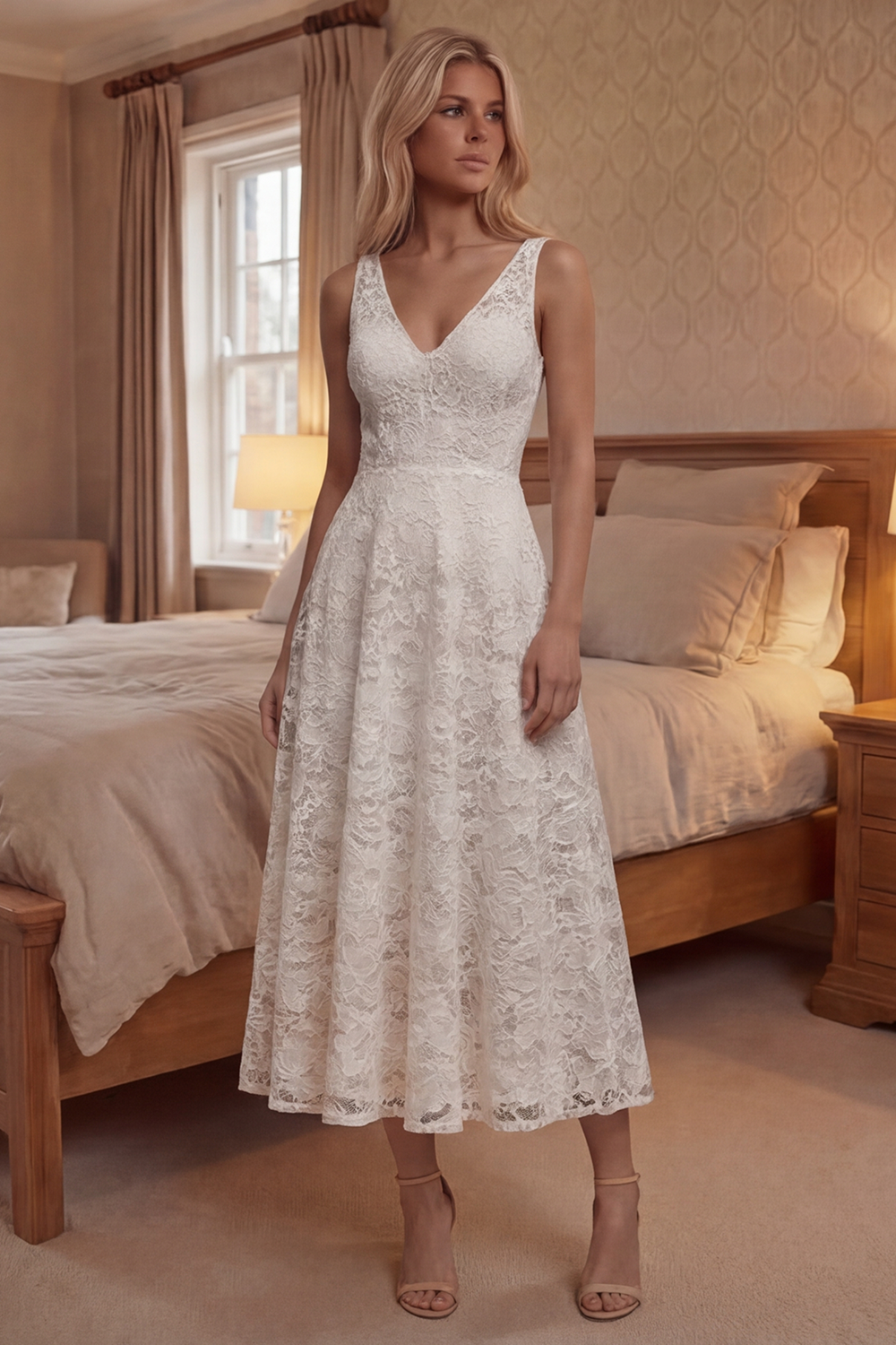 Floral V-Neck Ivory A Line Long Boho Lace Graduation Dress