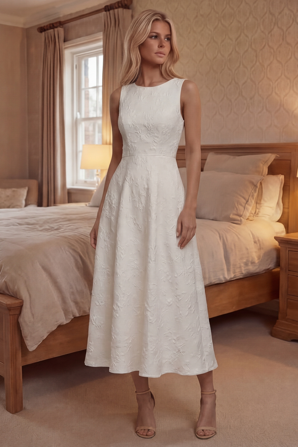 Floral Round Neck Long White A Line Boho Graduation Dress