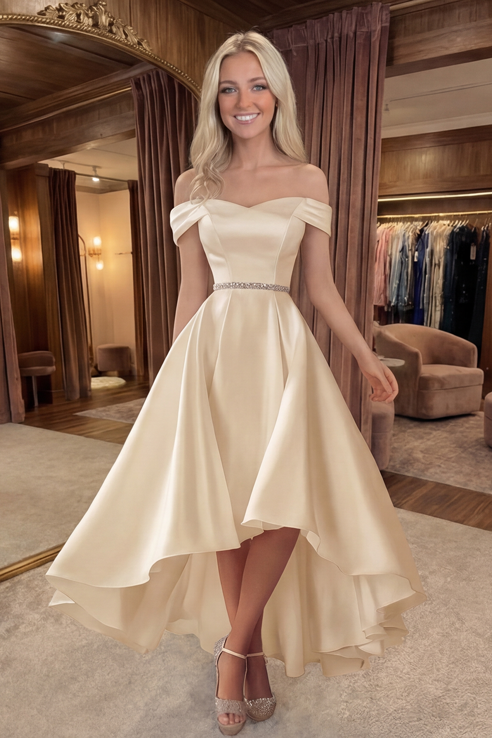 Ivory Off the Shoulder High-Low Graduation Dress with Rhinestones