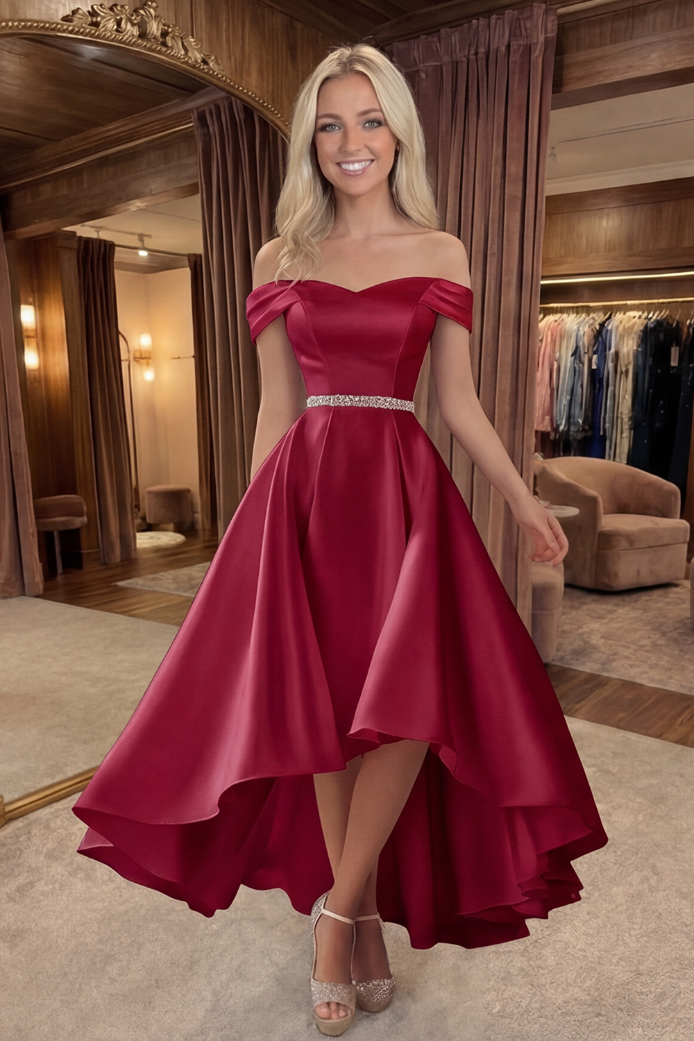 Ivory Off the Shoulder High-Low Graduation Dress with Rhinestones