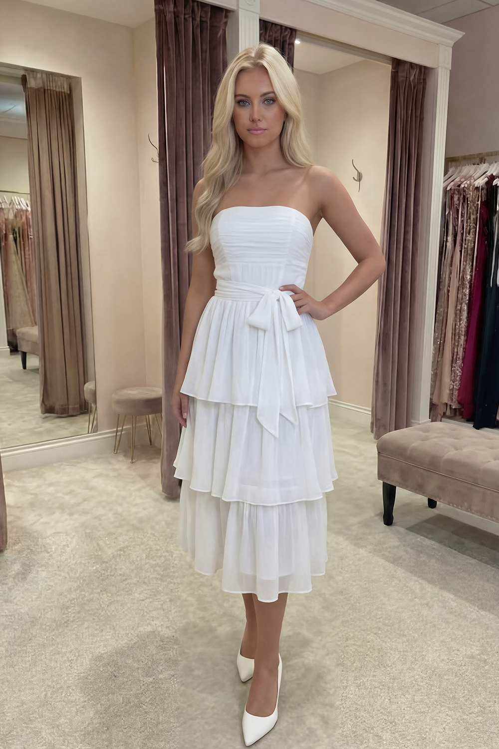 Ivory Strapless A Line Tiered Midi Graduation Dress with Sash