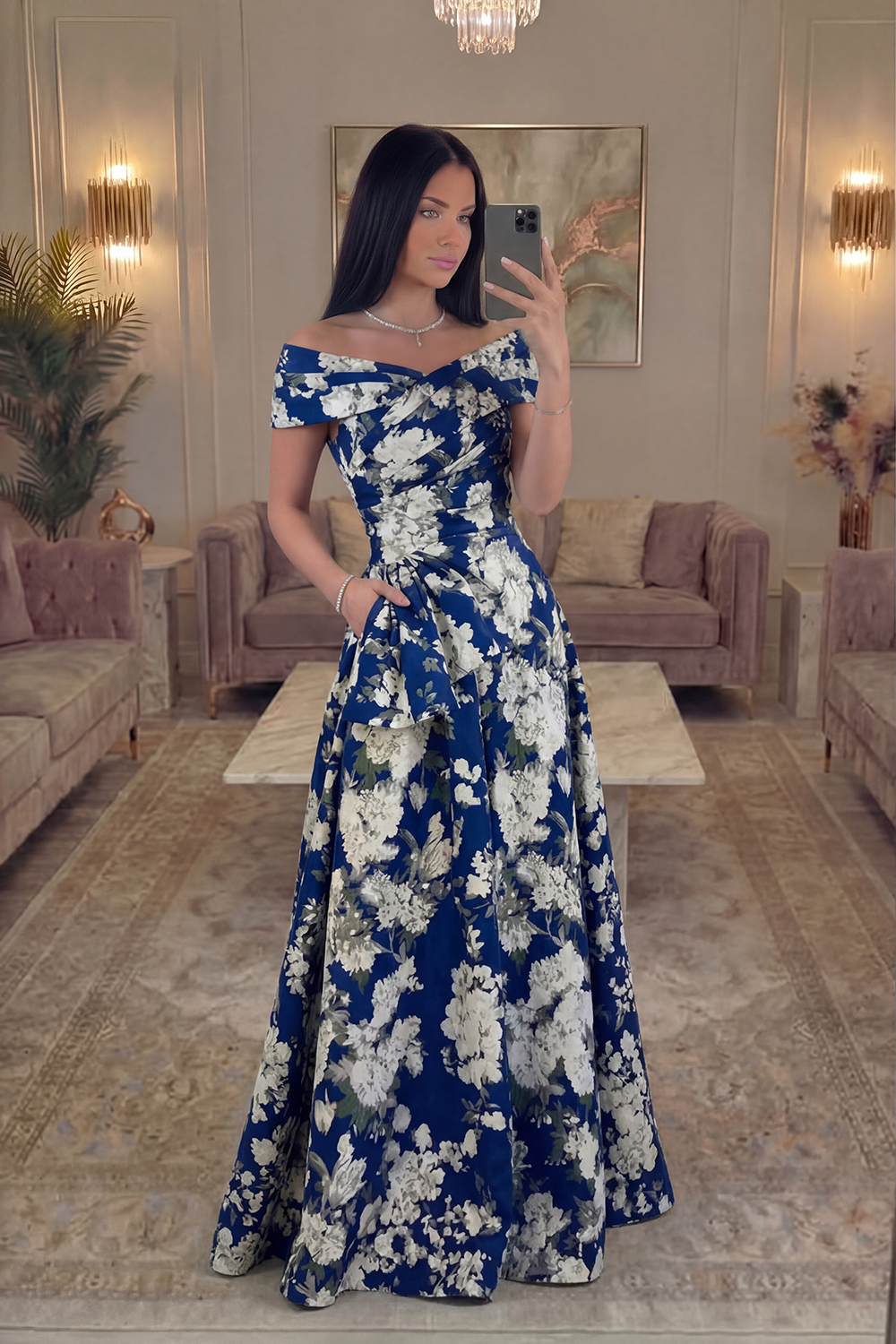 Navy Long A Line Floral Prom Dress with Pockets