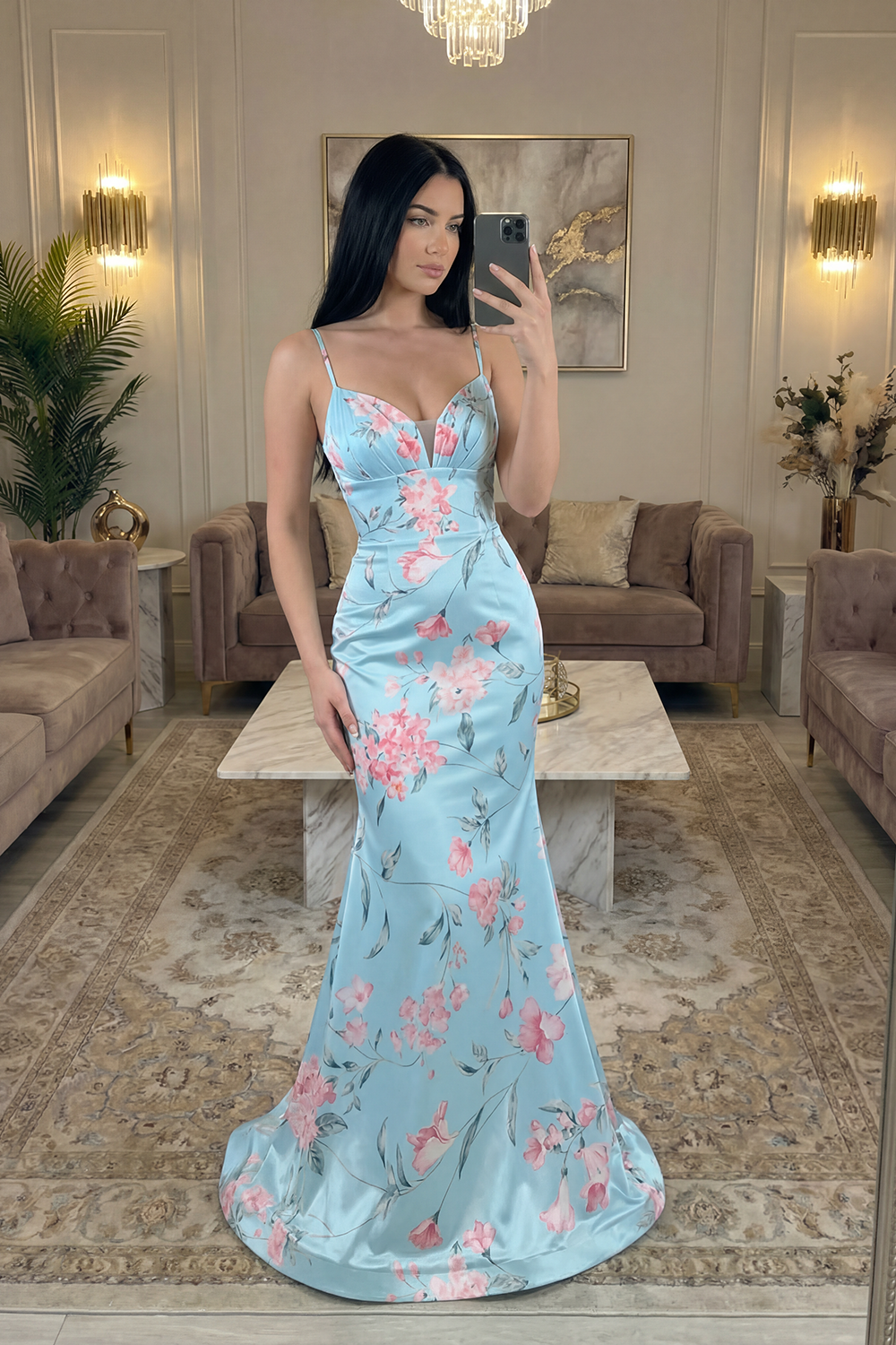 Green Purple Floral Spaghetti Straps Mermaid Long Prom Dress