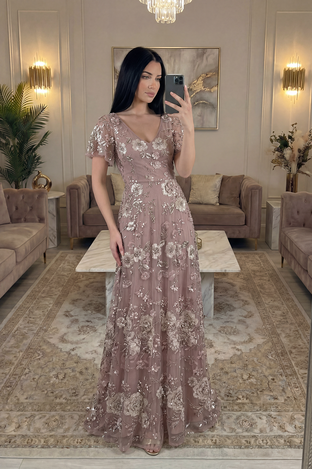 Sparkly Dusty Rose V-Neck A Line Floral Long Prom Dress with Sleeves