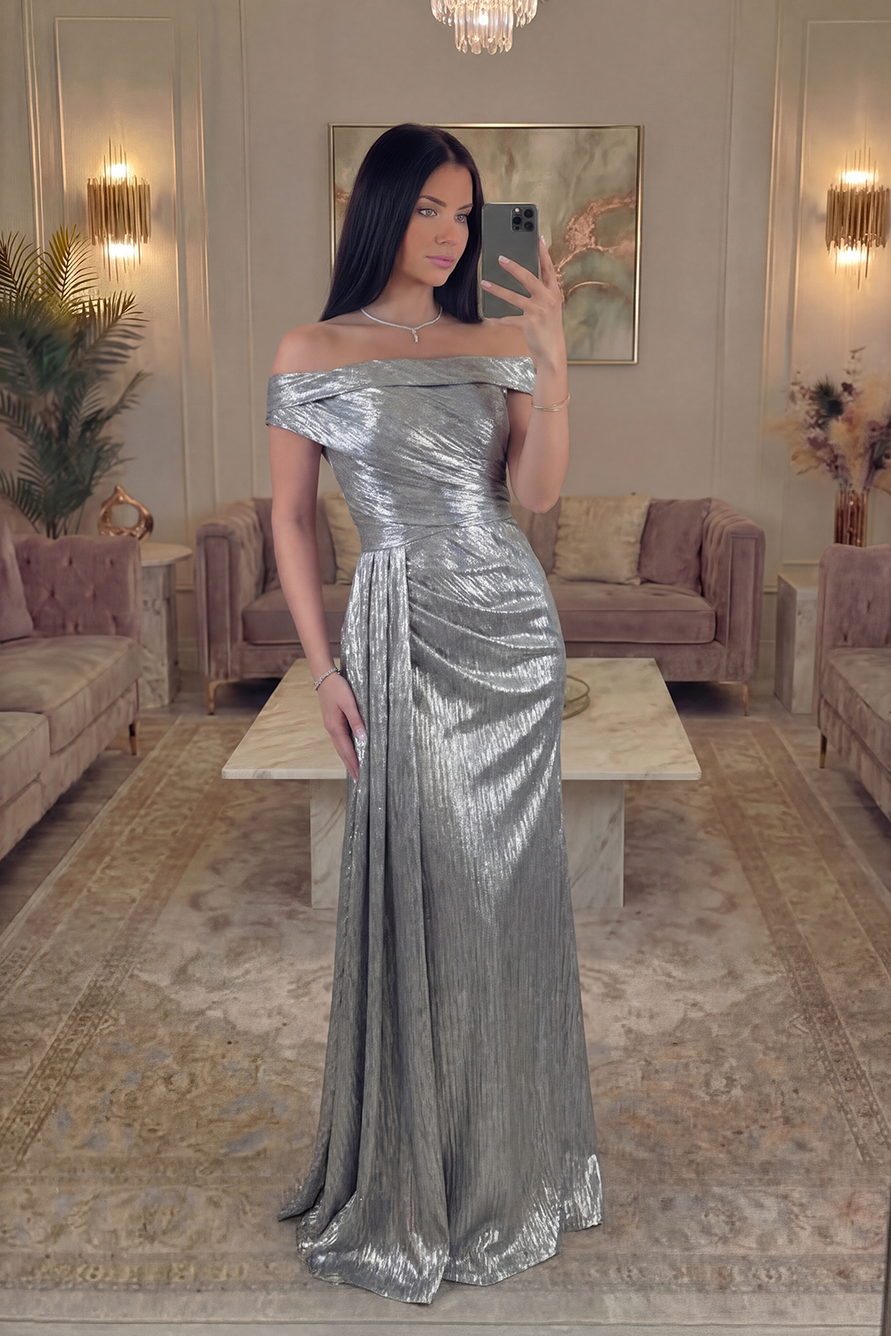Sparkly Grey Silver Long Mermaid Off the Shoulder Prom Dress