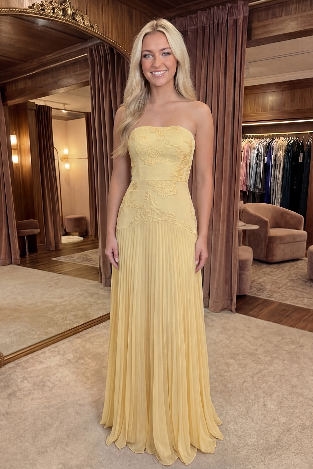 Strapless Yellow Appliqued A Line Long Prom Dress with Pleats