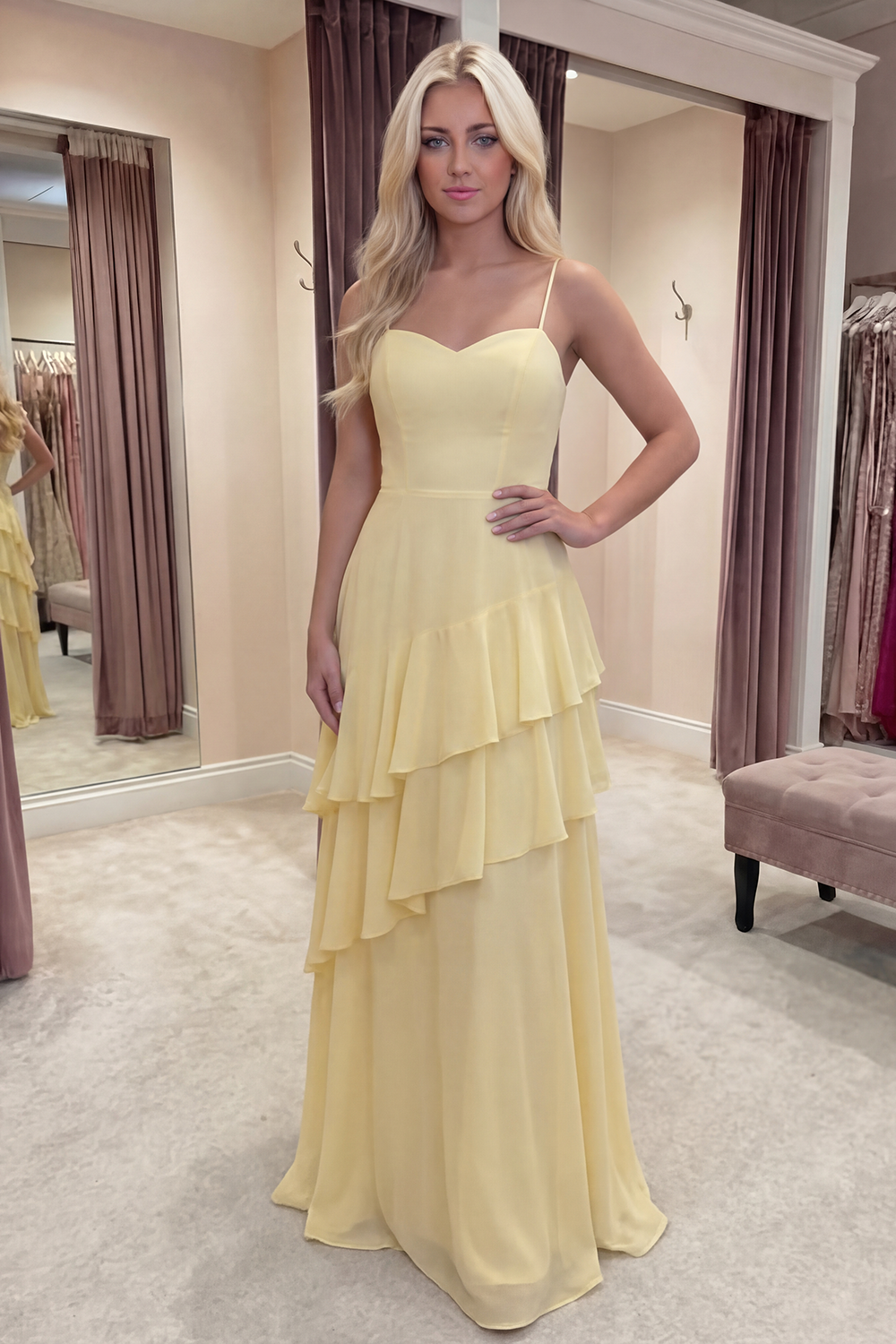 Yellow A Line Spaghetti Straps Long Prom Dress with Ruffles