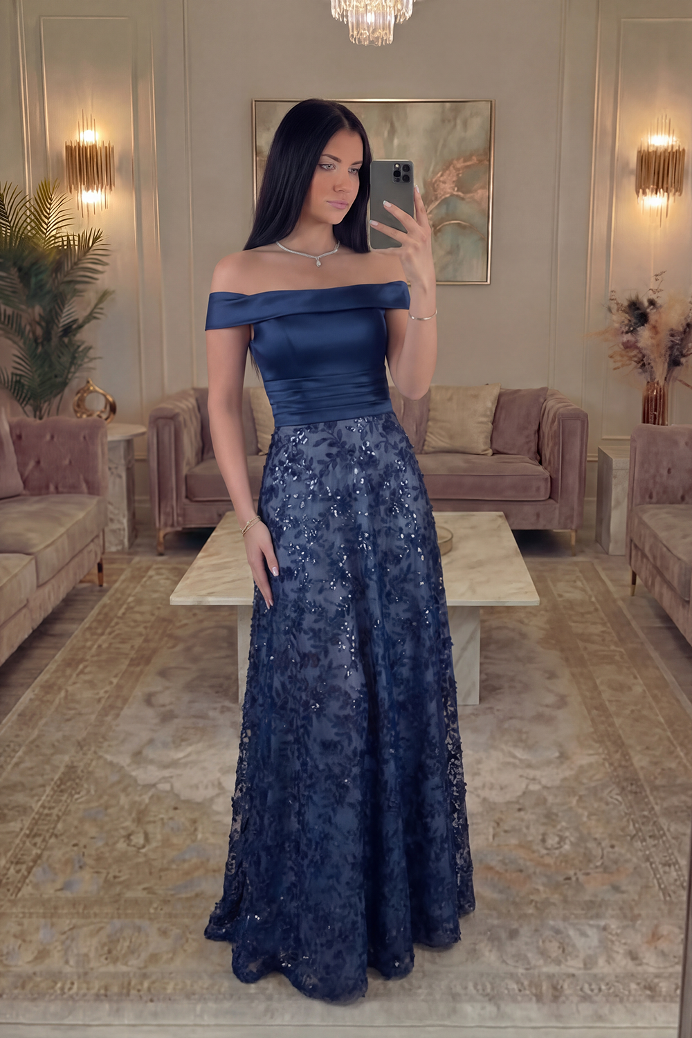 Navy Long A Line Beaded Floral Prom Dress