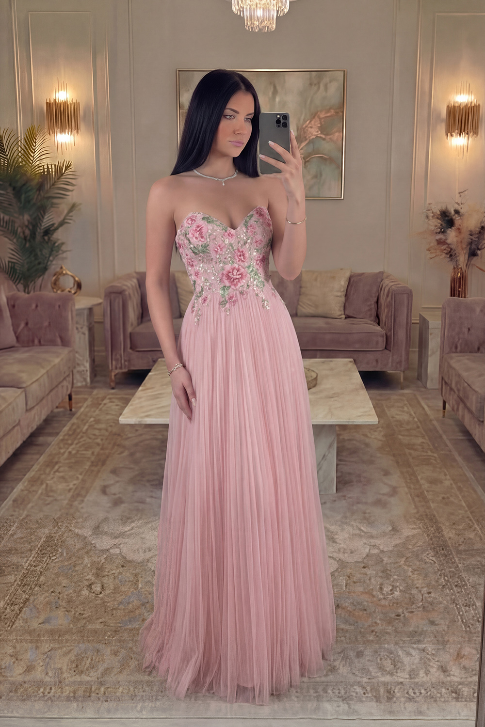 Pink Floral Strapless A Line Pleated Long Prom Dress