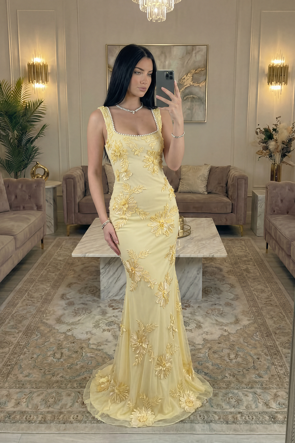 Yellow Floral Mermaid Square Neck Long Prom Dress with Pearls