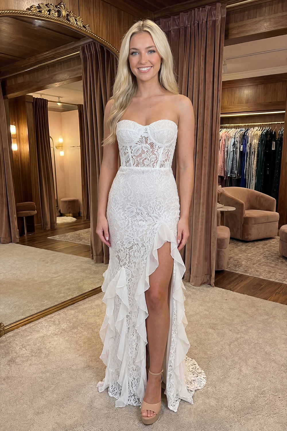 Floral Ivory Strapless Sheath Long Corset Graduation Dress with Ruffles