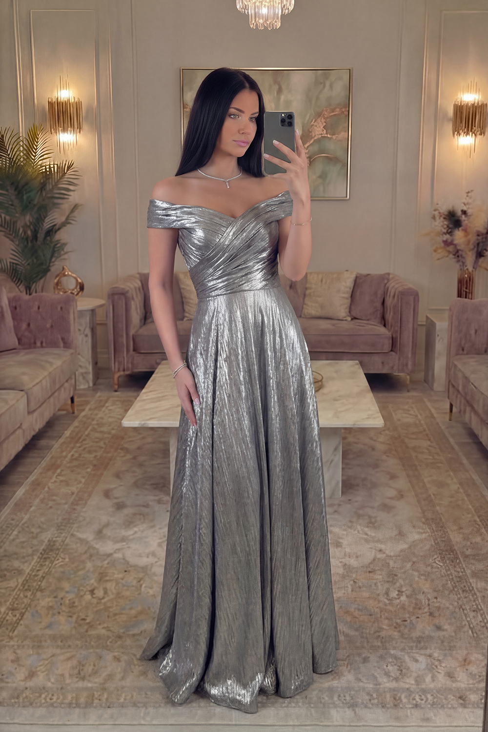 Sparkly Grey Silver Long A Line Off the Shoulder Prom Dress