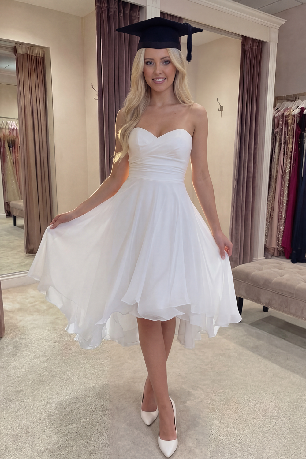 White Chiffon Sweetheart A Line Short Graduation Dress