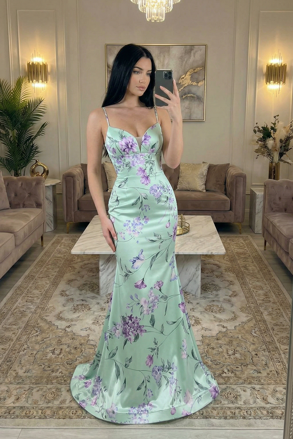 Green Purple Floral Spaghetti Straps Mermaid Long Prom Dress