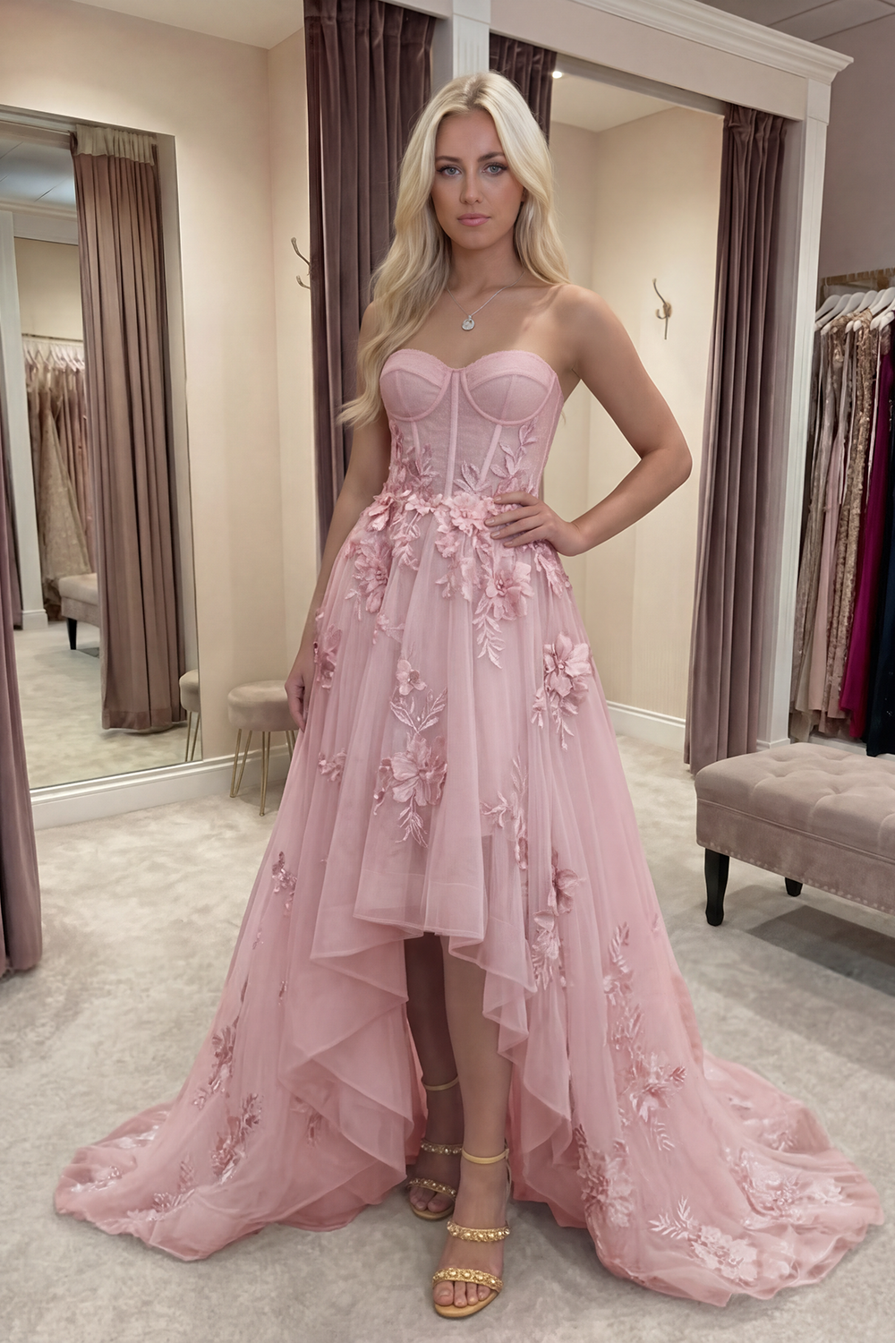 Yellow Corset Floral Sweetheart High-Low Prom Dress with Ruffles