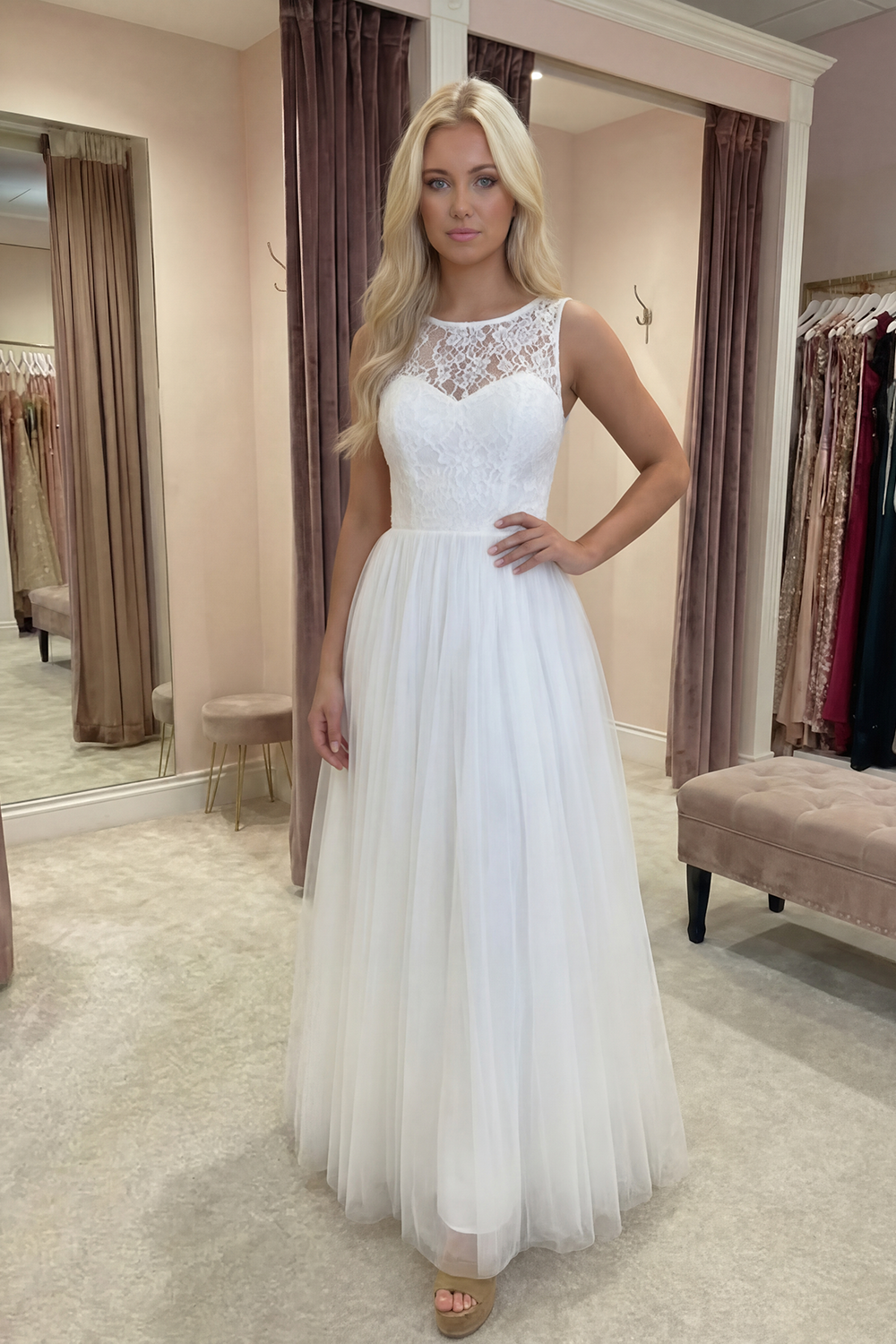 White A Line Floral Lace Boho Long Graduation Dress