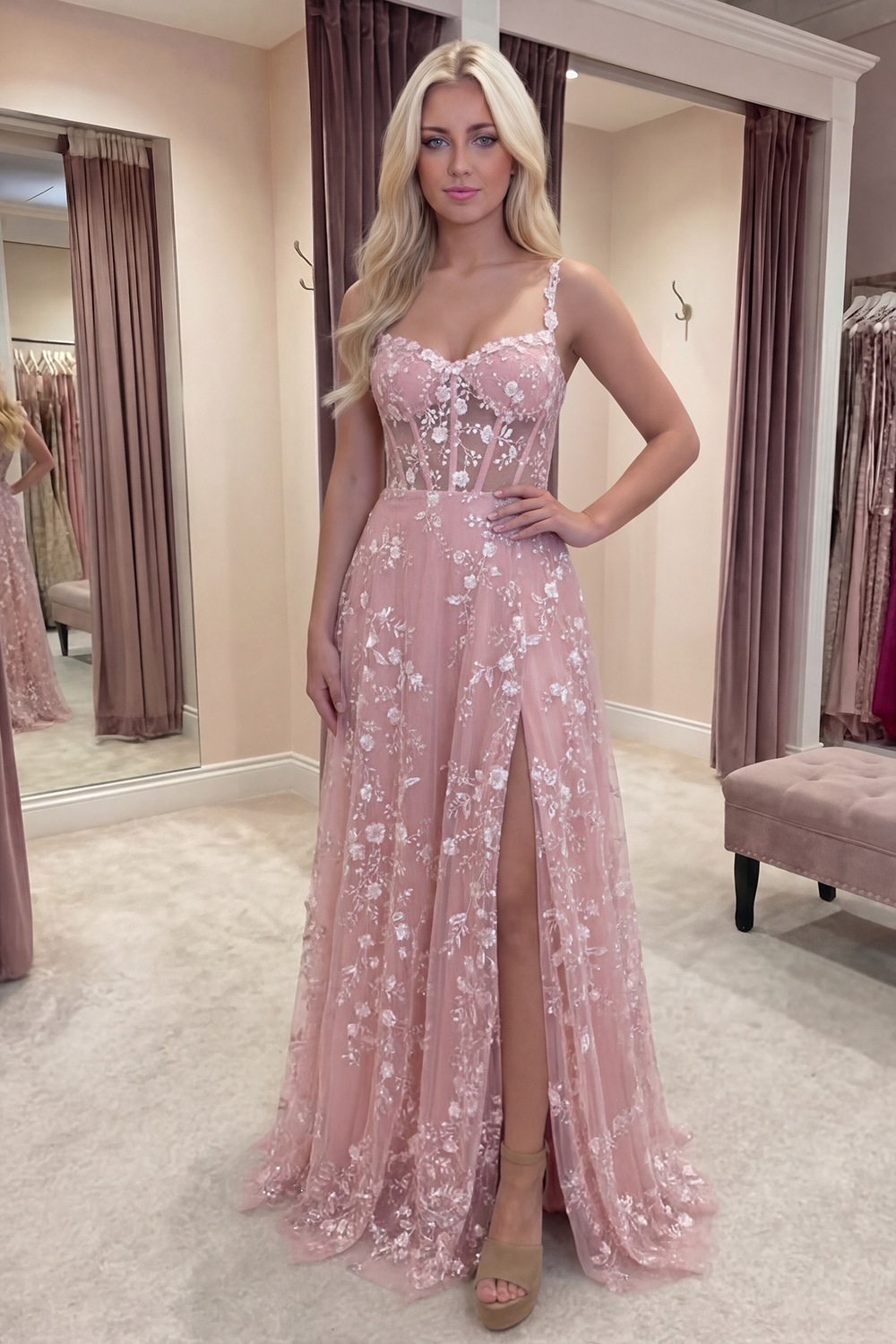 Sparkly Blue A Line Floral Spaghetti Straps Sequin Corset Prom Dress with Slit