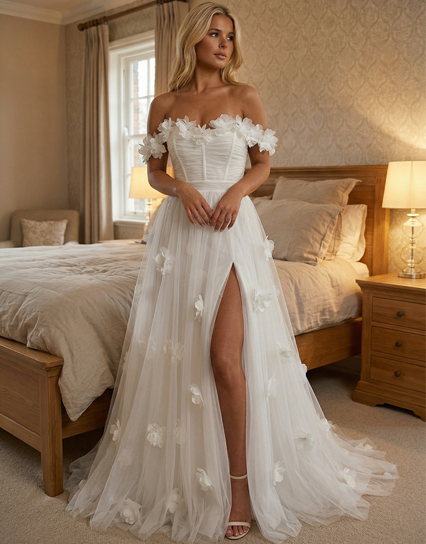 White Tulle Off the Shoulder Floral Long Corset Graduation Dress with Ruffles