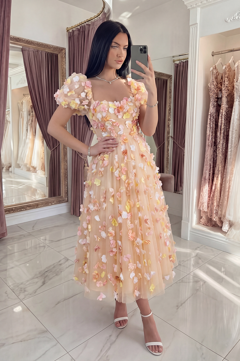 Champagne Puff Sleeves Floral A Line Long Prom Dress