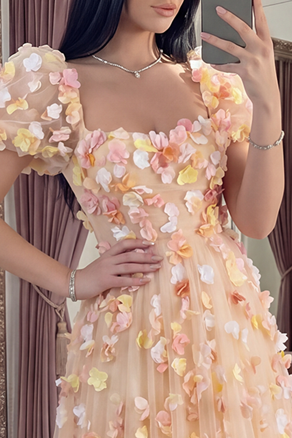 Champagne Puff Sleeves Floral A Line Long Prom Dress