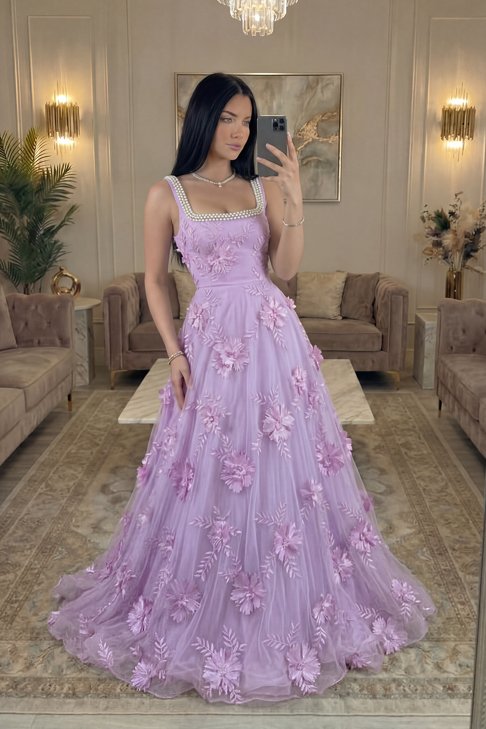 Sparkly Yellow Floral Beaded A Line Square Neck Long Prom Dress