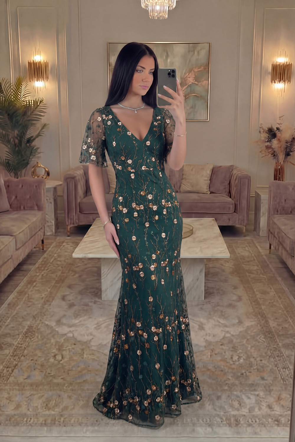 Long Mermaid V-Neck Dark Green Floral Prom Dress