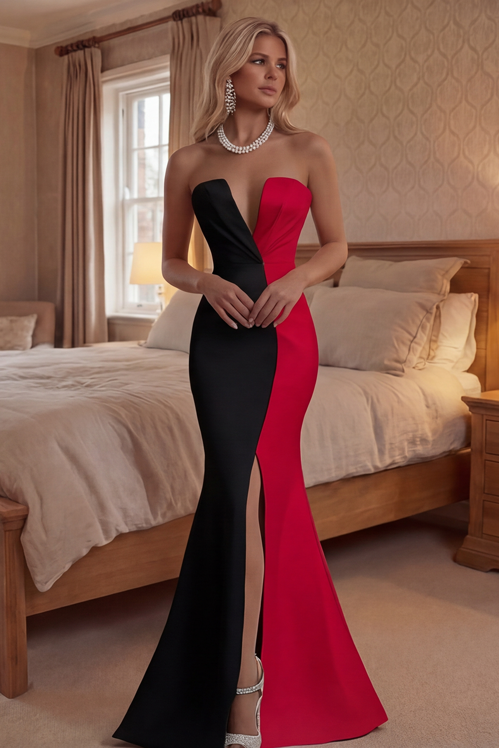 Black Mermaid Satin Strapless Elegant Long Formal Dress with Slit