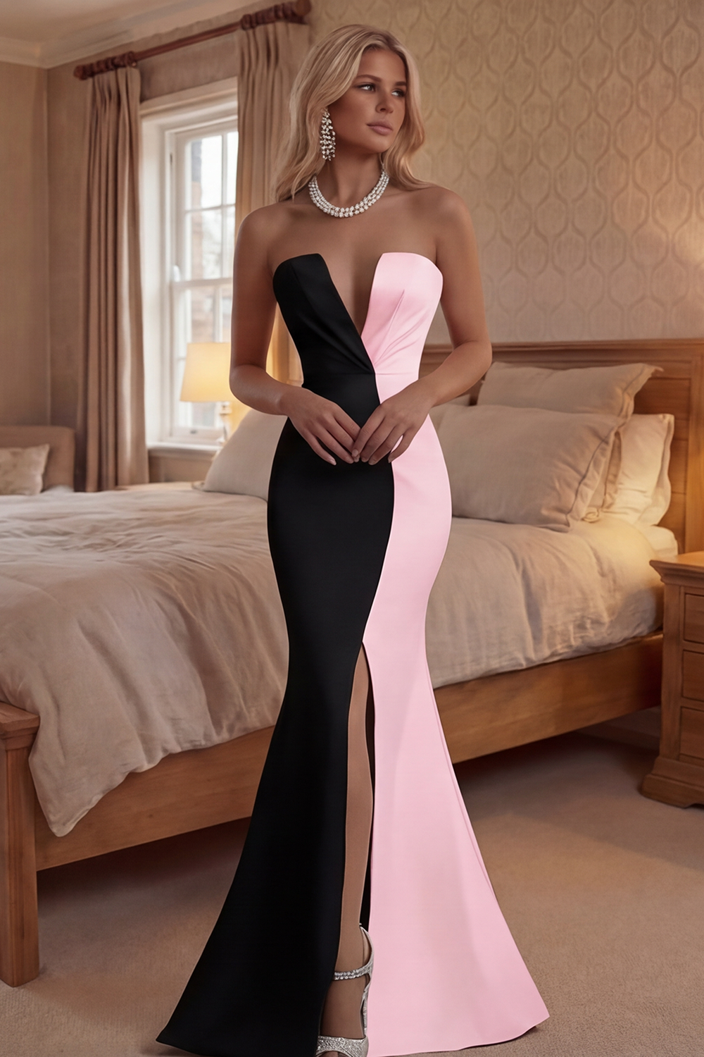 Black Mermaid Satin Strapless Elegant Long Formal Dress with Slit
