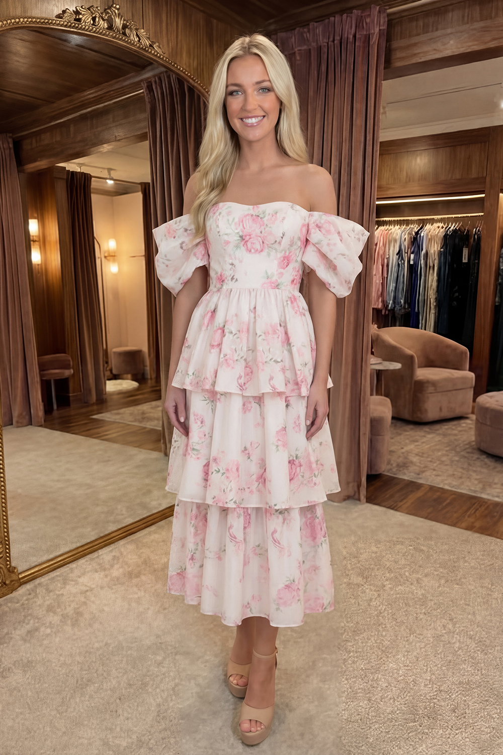 Ruffled White Pink Flower Off the Shoulder Midi Prom Dress