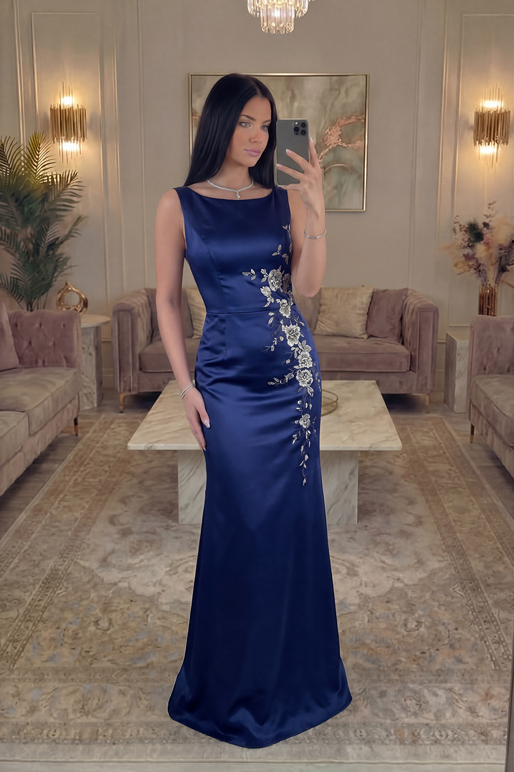 Boat Neck Mermaid Navy Floral Satin Long Prom Dress