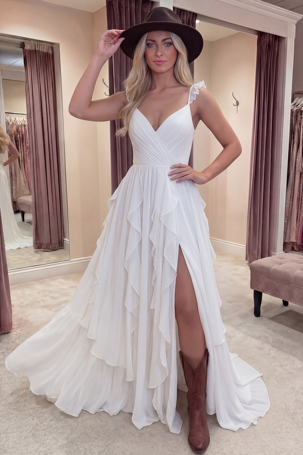 Ivory A Line V-Neck Long Graduation Dress with Ruffles