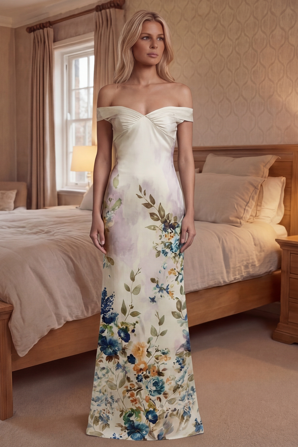 Ivory Mermaid Off the Shoulder Floral Long Prom Dress